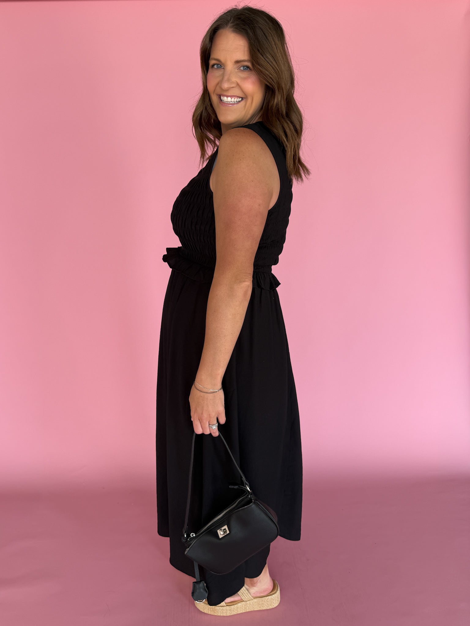 Smocked Bodice Midi Dress- Black - Ana Patricia Boutique