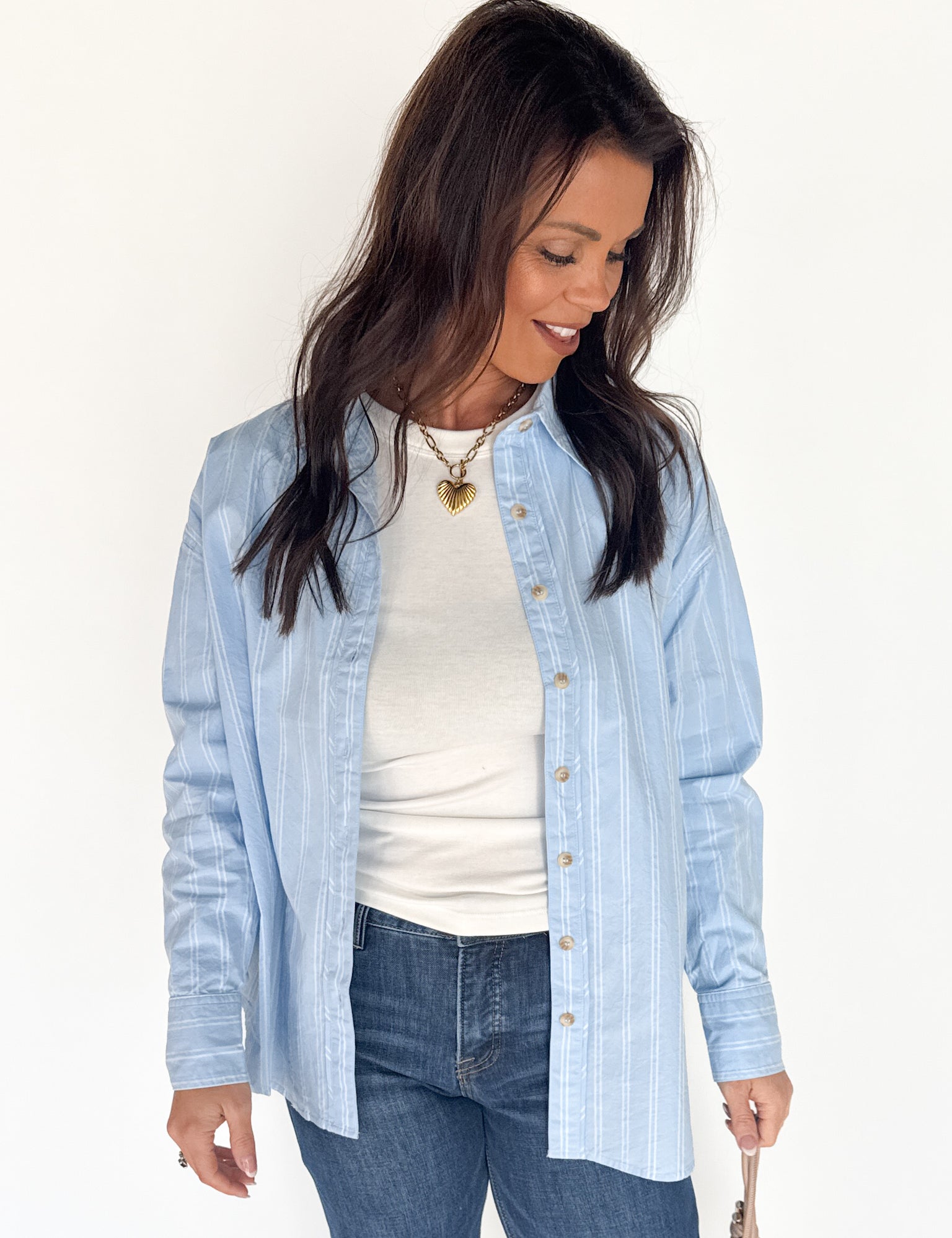 Oversized Stripe Button Up Top- Blue - Ana Patricia Boutique