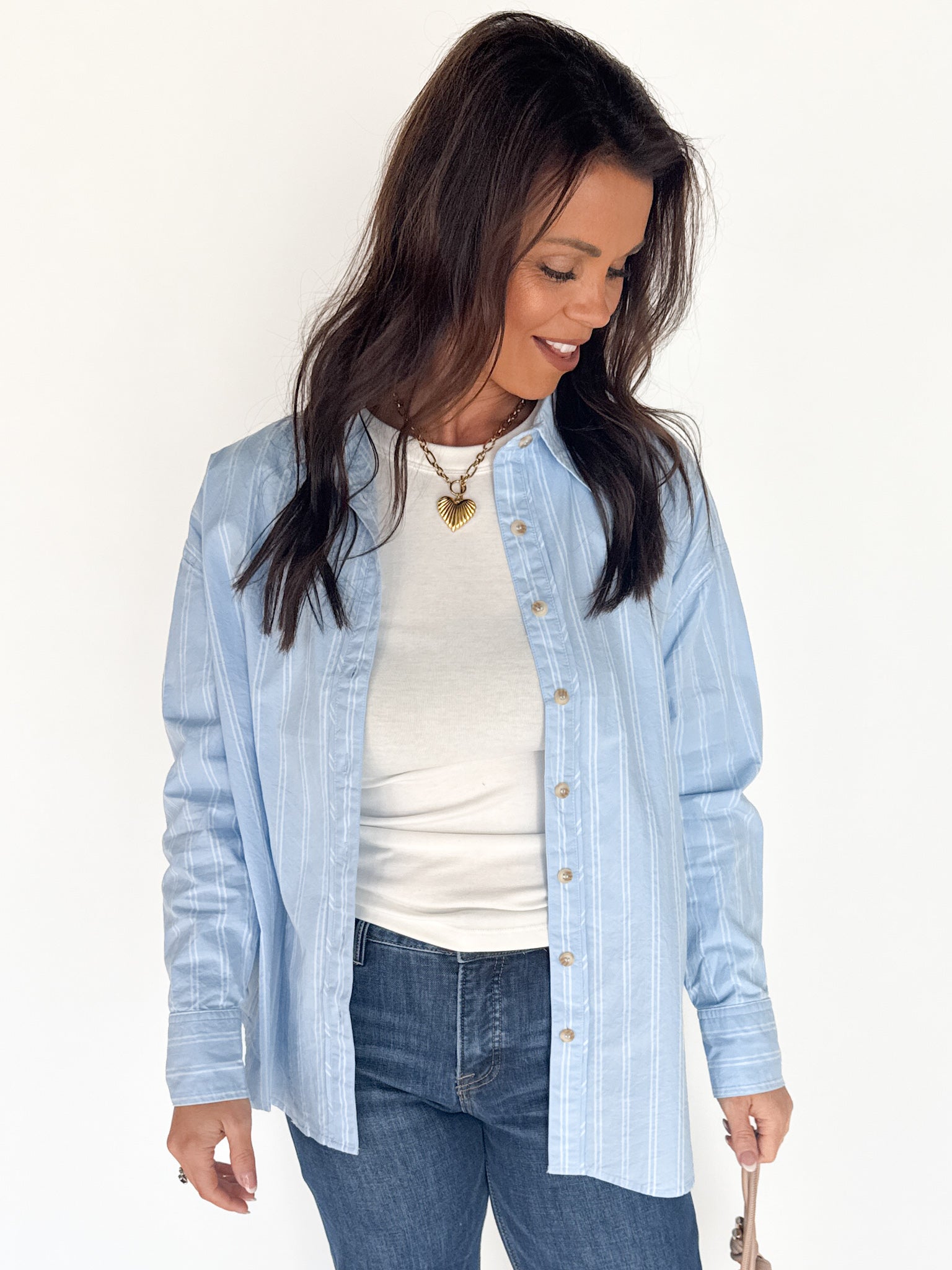 Oversized Stripe Button Up Top- Blue - Ana Patricia Boutique