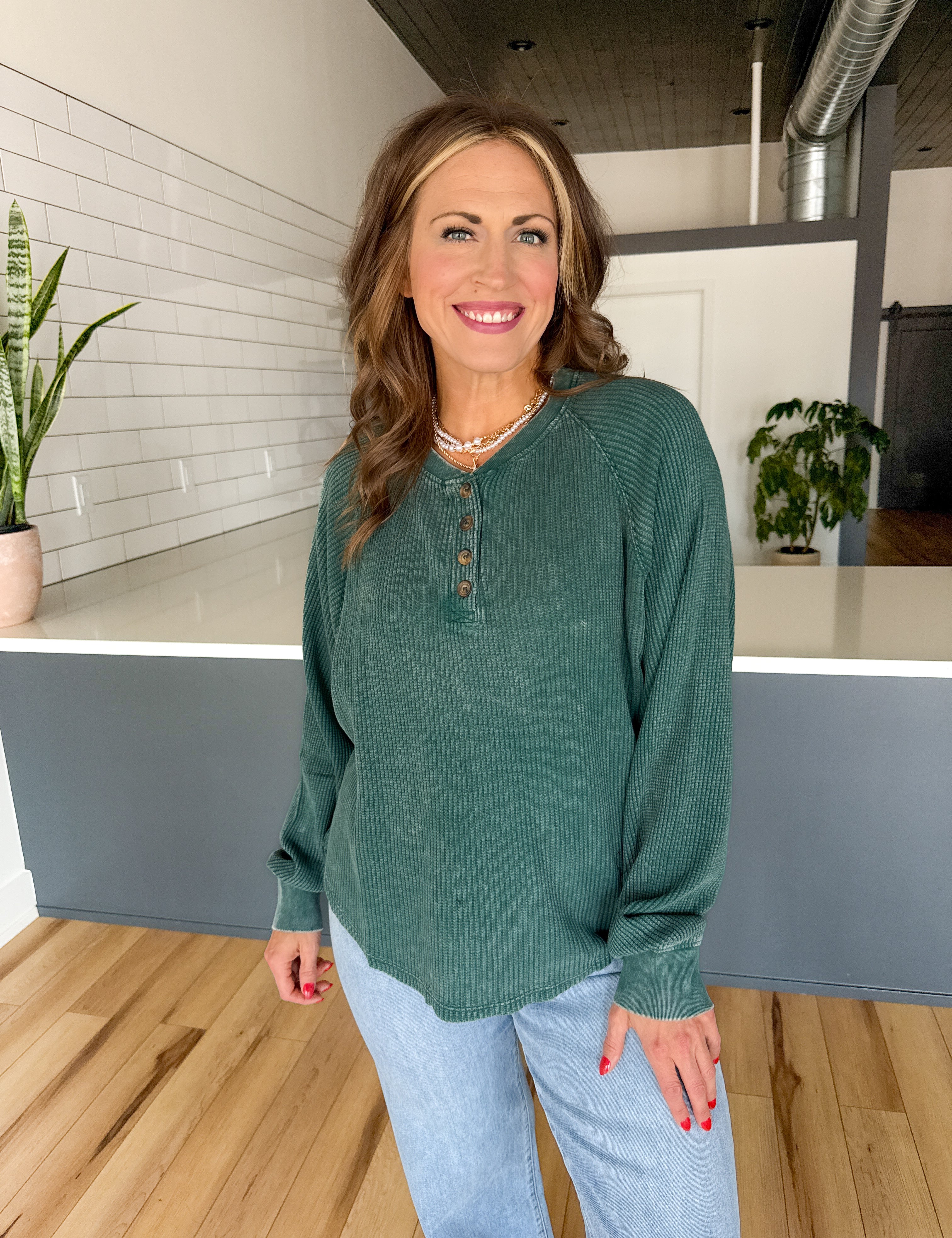 Washed Henley Top- Green - Ana Patricia Boutique