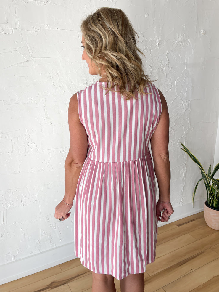 Bow Front Striped Mini Dress-Rose