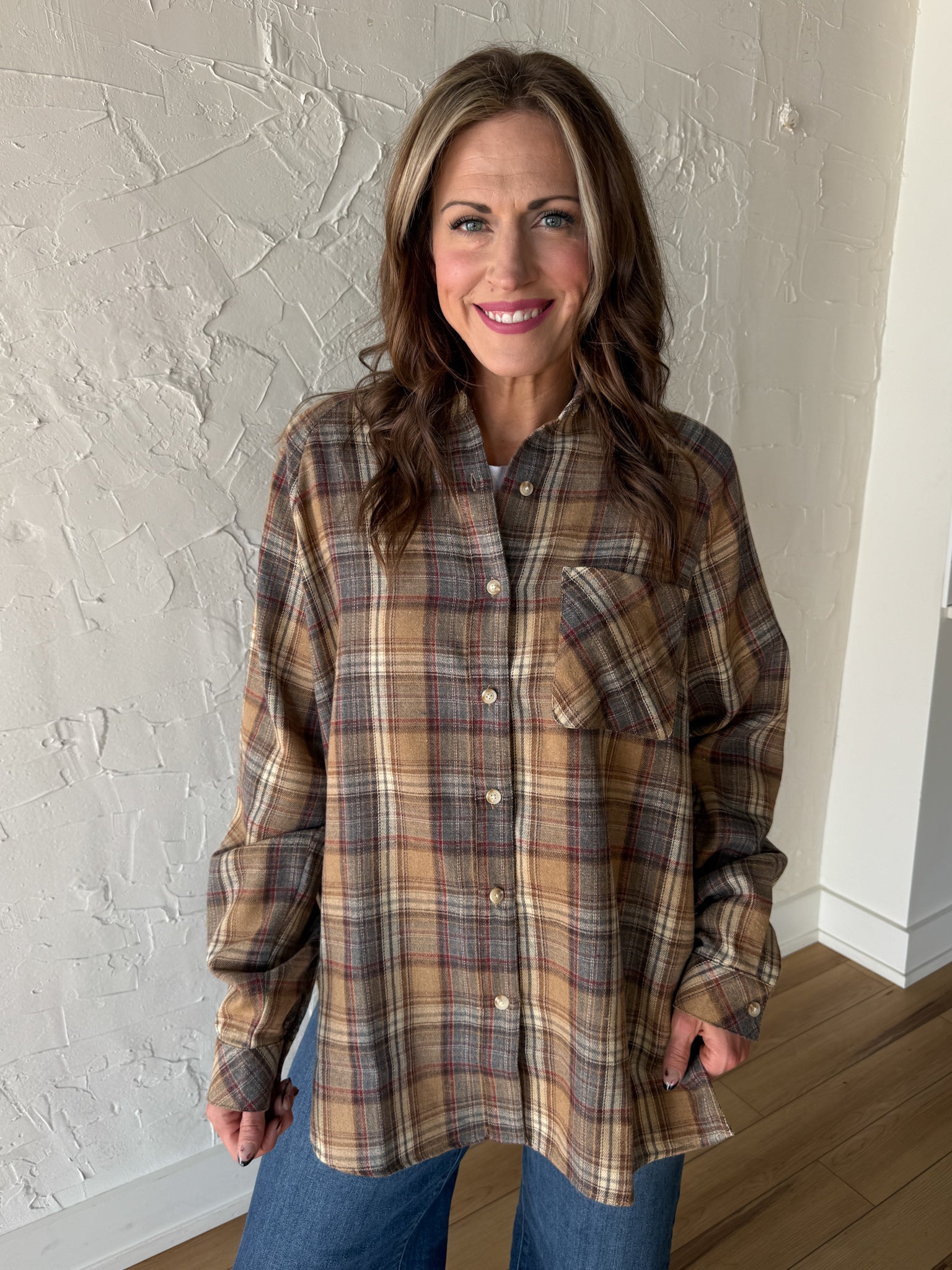 Oversized Plaid Button Up- Oatmeal - Ana Patricia Boutique