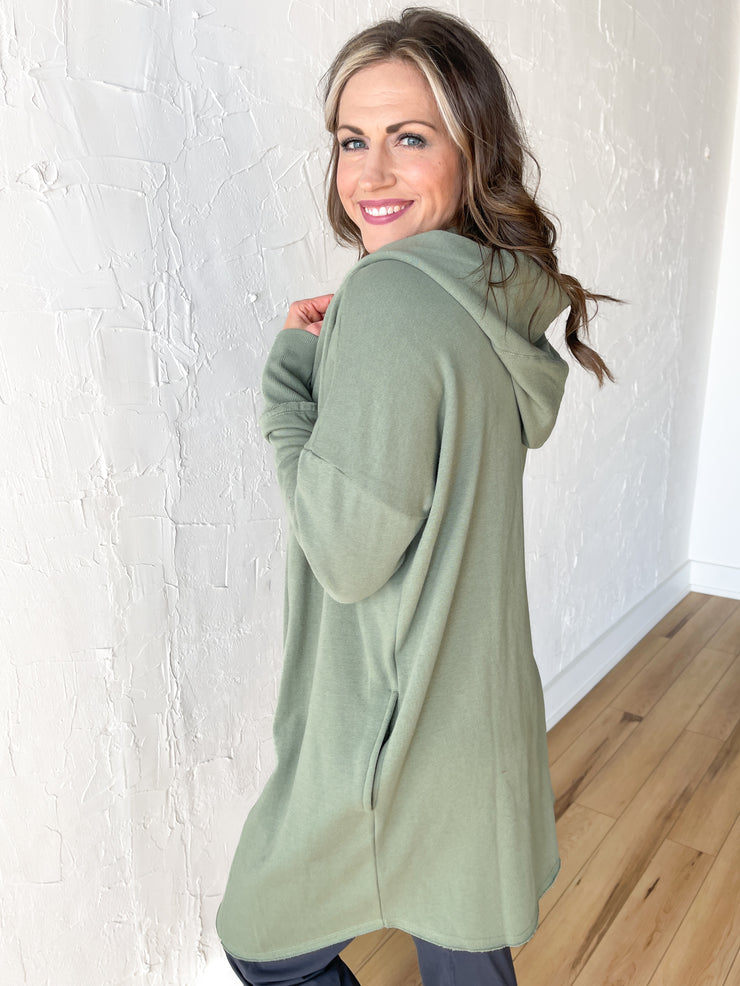 Long Line Open Cardigan- Moss Green