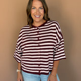 Stripe Short Sleeve Cardigan- Burgundy