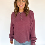 Washed Henley Top- Dk Cherry - Ana Patricia Boutique
