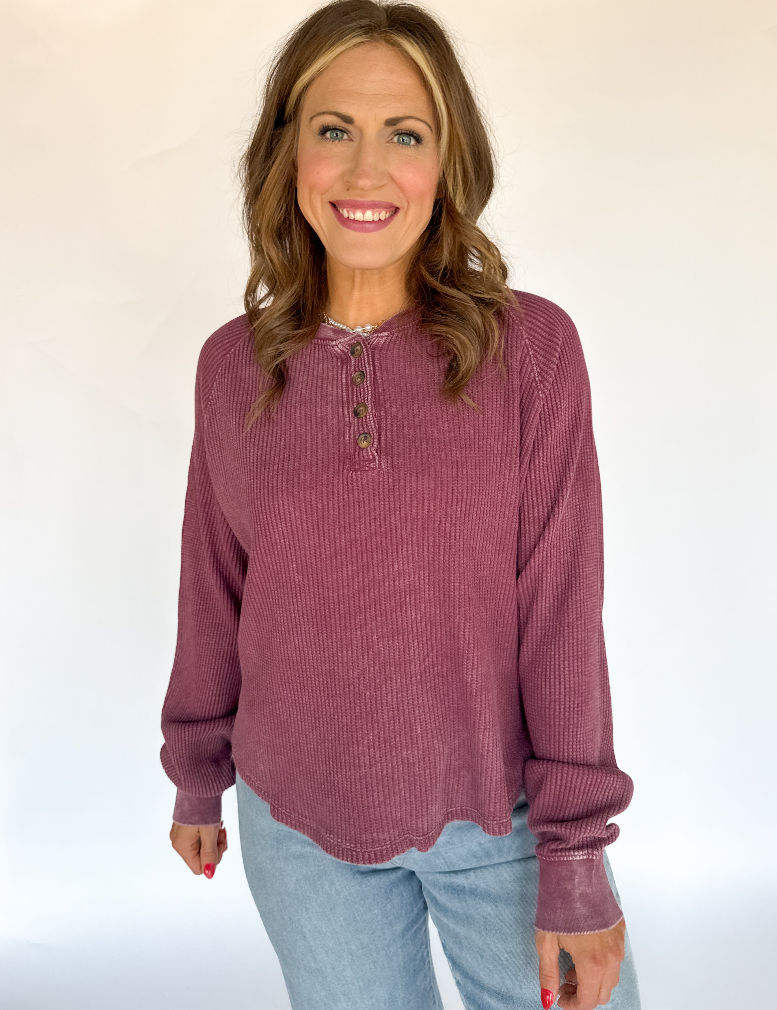 Washed Henley Top- Dk Cherry - Ana Patricia Boutique