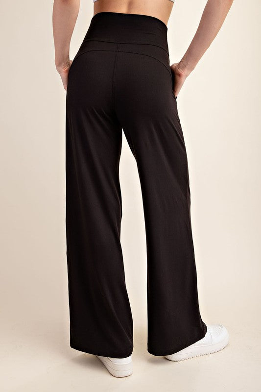 V Waist Wide Leg Pants- Black