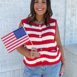 Stripe Button Down Knit Top- Red - Ana Patricia Boutique