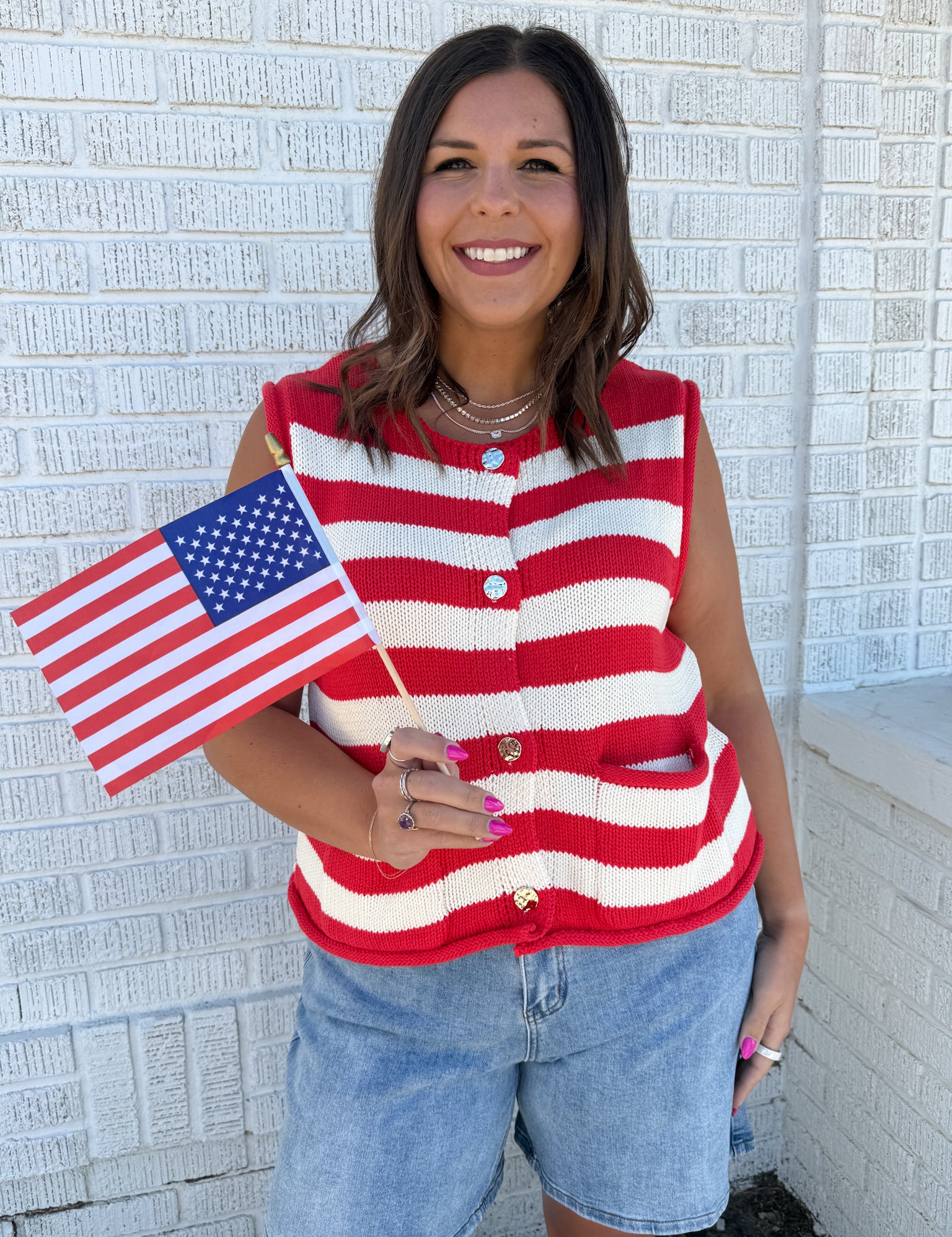 Stripe Button Down Knit Top- Red - Ana Patricia Boutique