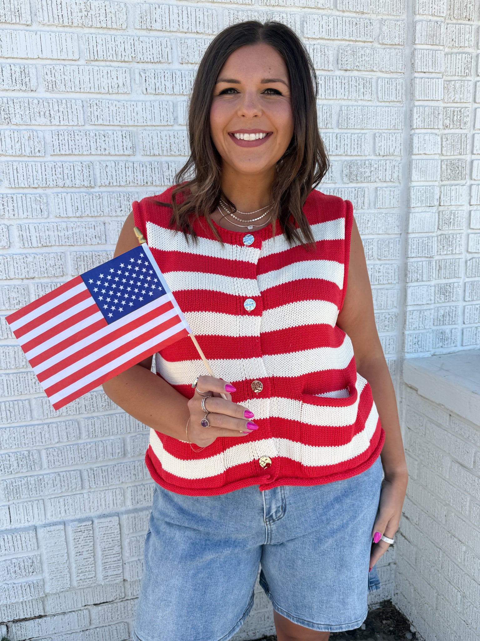 Stripe Button Down Knit Top- Red - Ana Patricia Boutique
