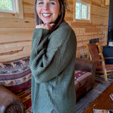 Round Neck Waffleknit Sweater- Olive