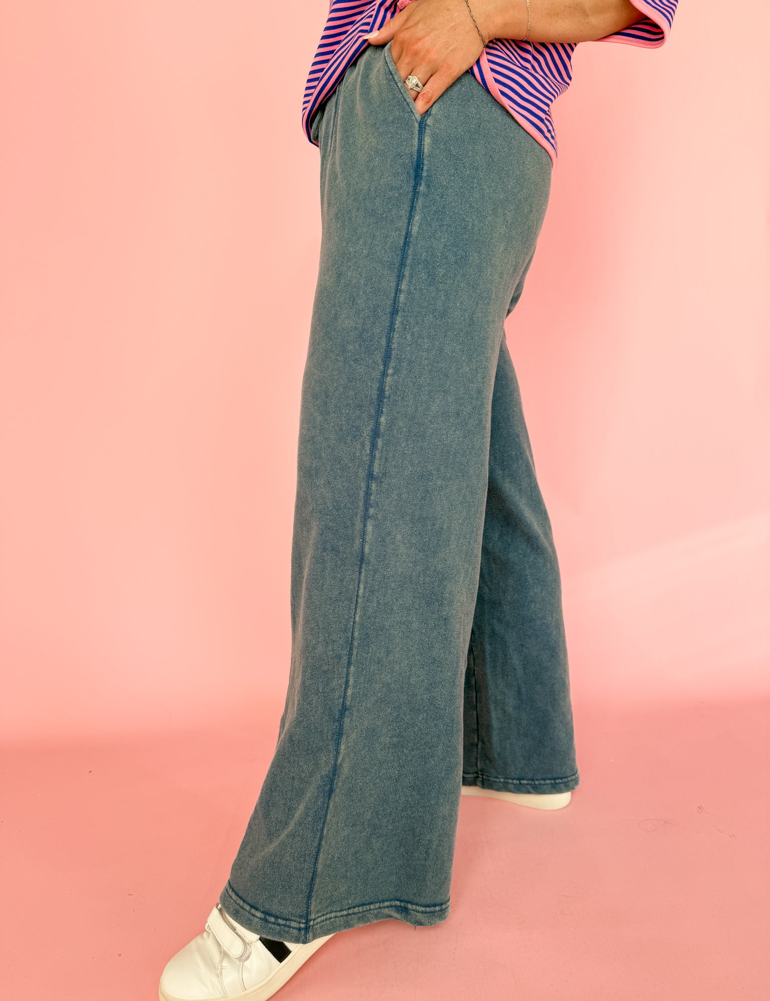 Acid Wash Wide Leg Pants-Navy - Ana Patricia Boutique