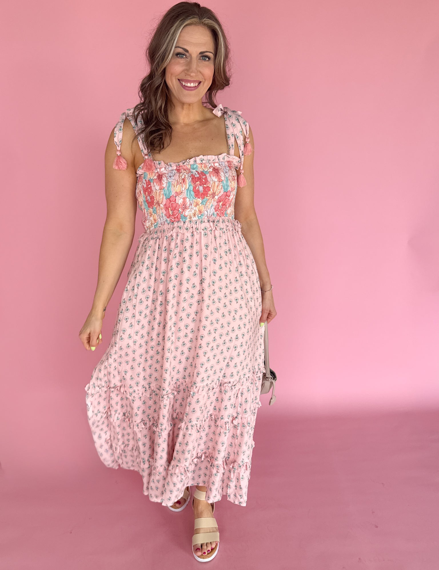 Floral Print Boho Smocked Dress- Pink/Peach - Ana Patricia Boutique