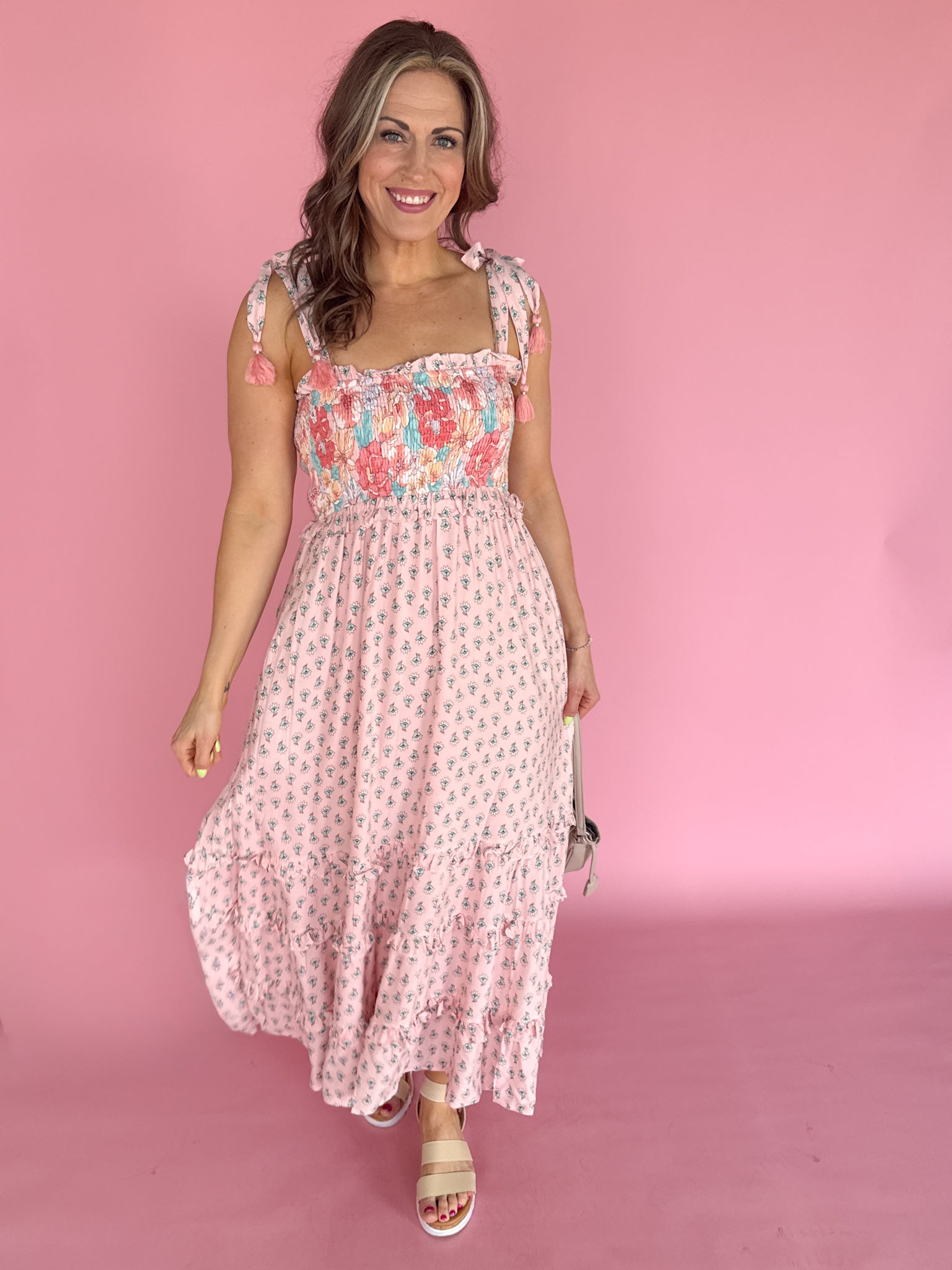 Floral Print Boho Smocked Dress- Pink/Peach - Ana Patricia Boutique