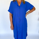 Button Down Midi Dress- Blue