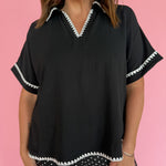 Scallop Embroidery Collared Top- Black - Ana Patricia Boutique