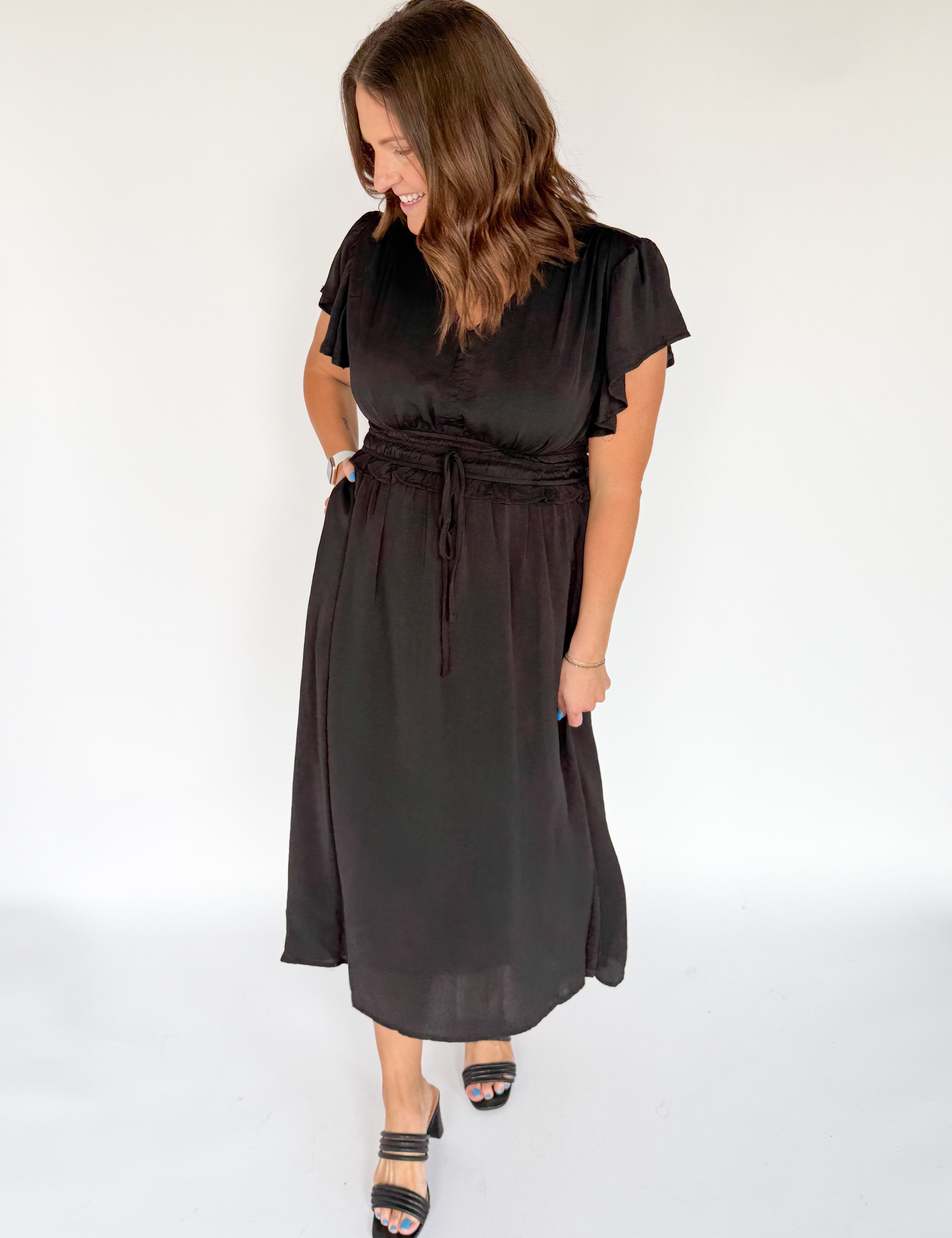 Flutter Sleeve Midi Dress- Black Medium Flutter Sleeve Midi Dress- Black Medium