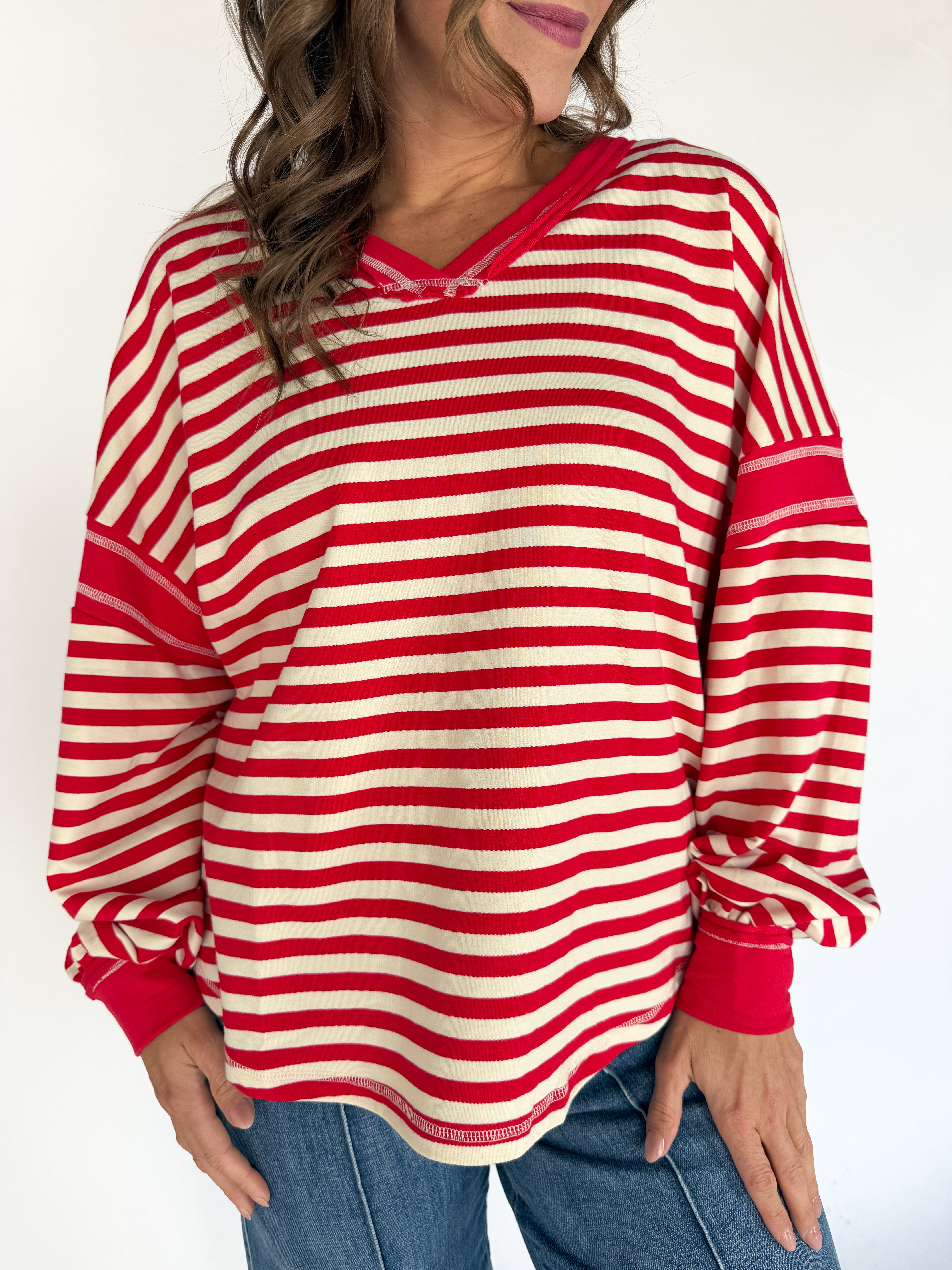 Balloon Sleeve Stripe Pullover- Red/Cream - Ana Patricia Boutique