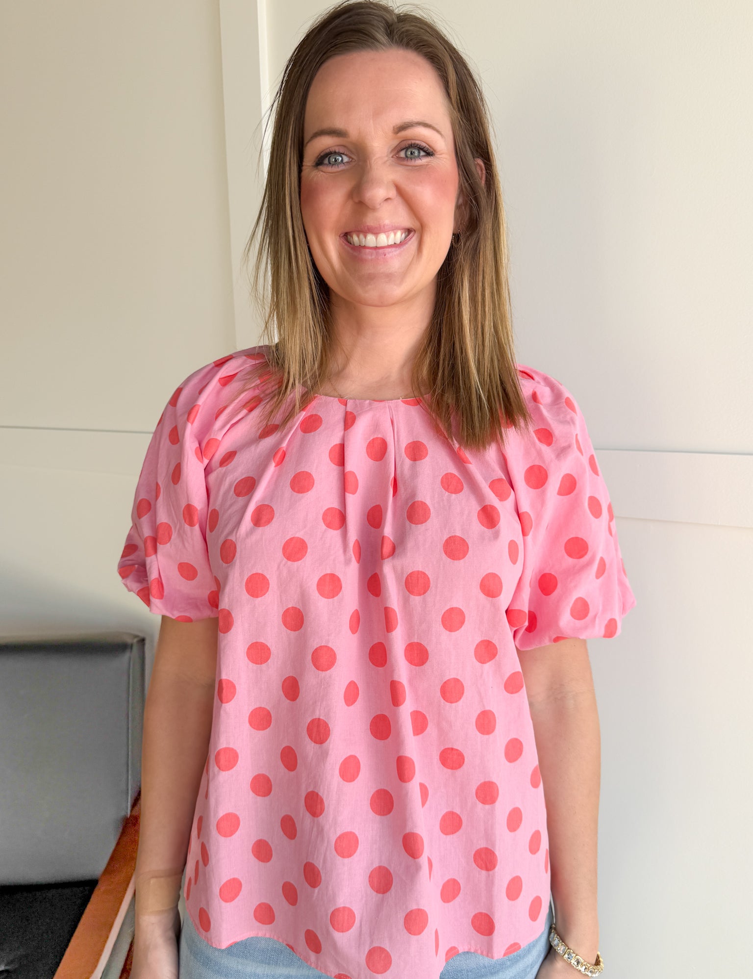 Polka Dot Bubble Sleeve Top- Pink - Ana Patricia Boutique