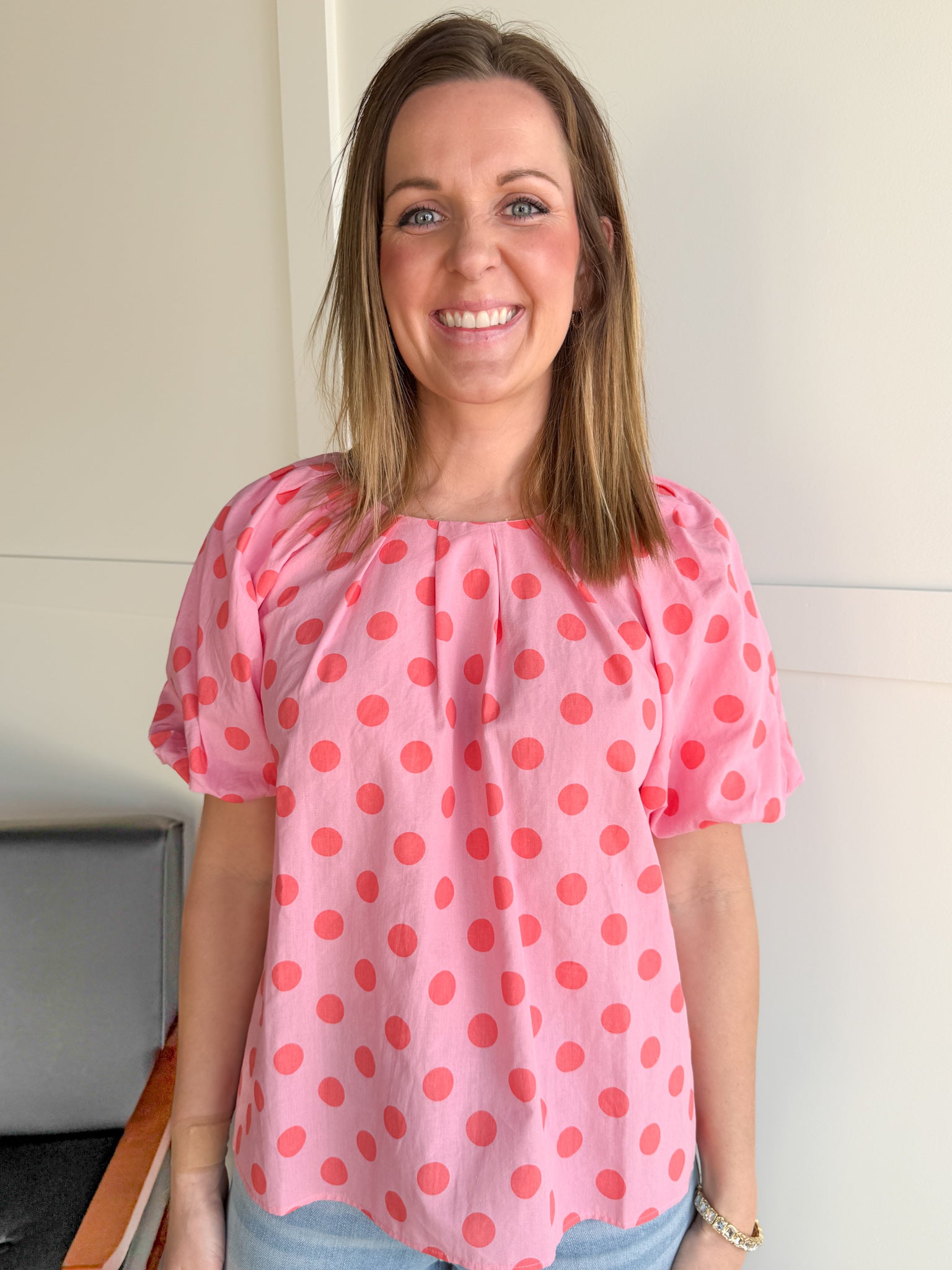 Polka Dot Bubble Sleeve Top- Pink - Ana Patricia Boutique