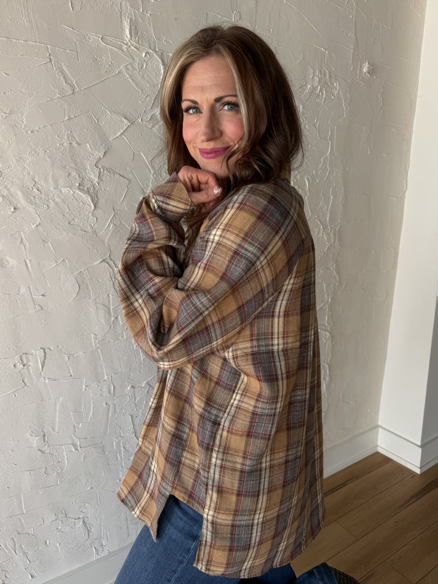 Oversized Plaid Button Up- Oatmeal - Ana Patricia Boutique