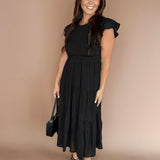 Tiered Smocked Short Sleeve Midi Dress- Black - Ana Patricia Boutique