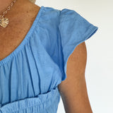 Shirred Ruffle Sleeve Midi Dress- Blue