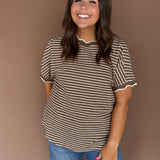 Scallop Trim Stripe Knit Top-Mocha