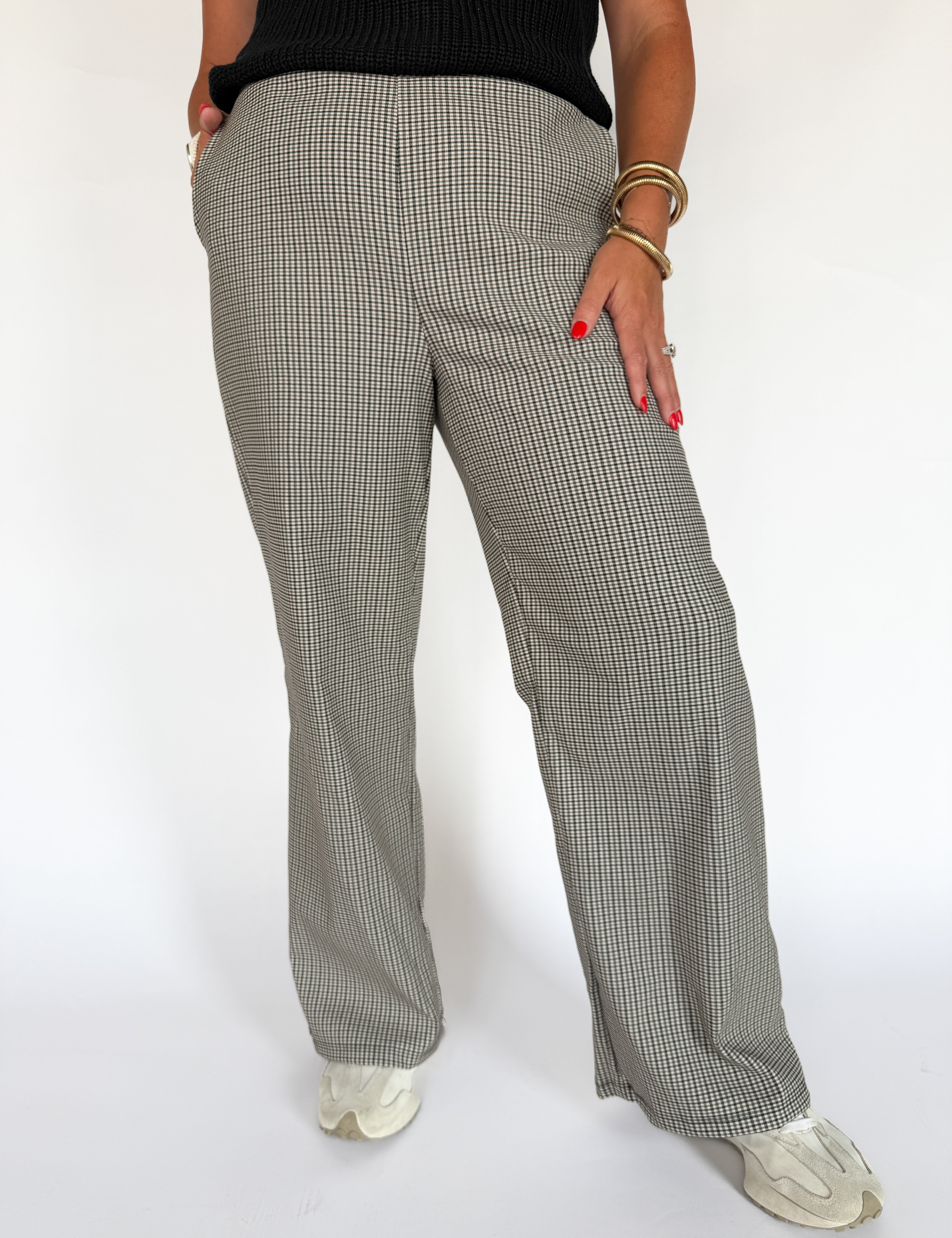 Pleated Check Pants-Beige/Grey - Ana Patricia Boutique