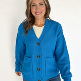 V Neck Waffleknit Cardigan- Blue - Ana Patricia Boutique
