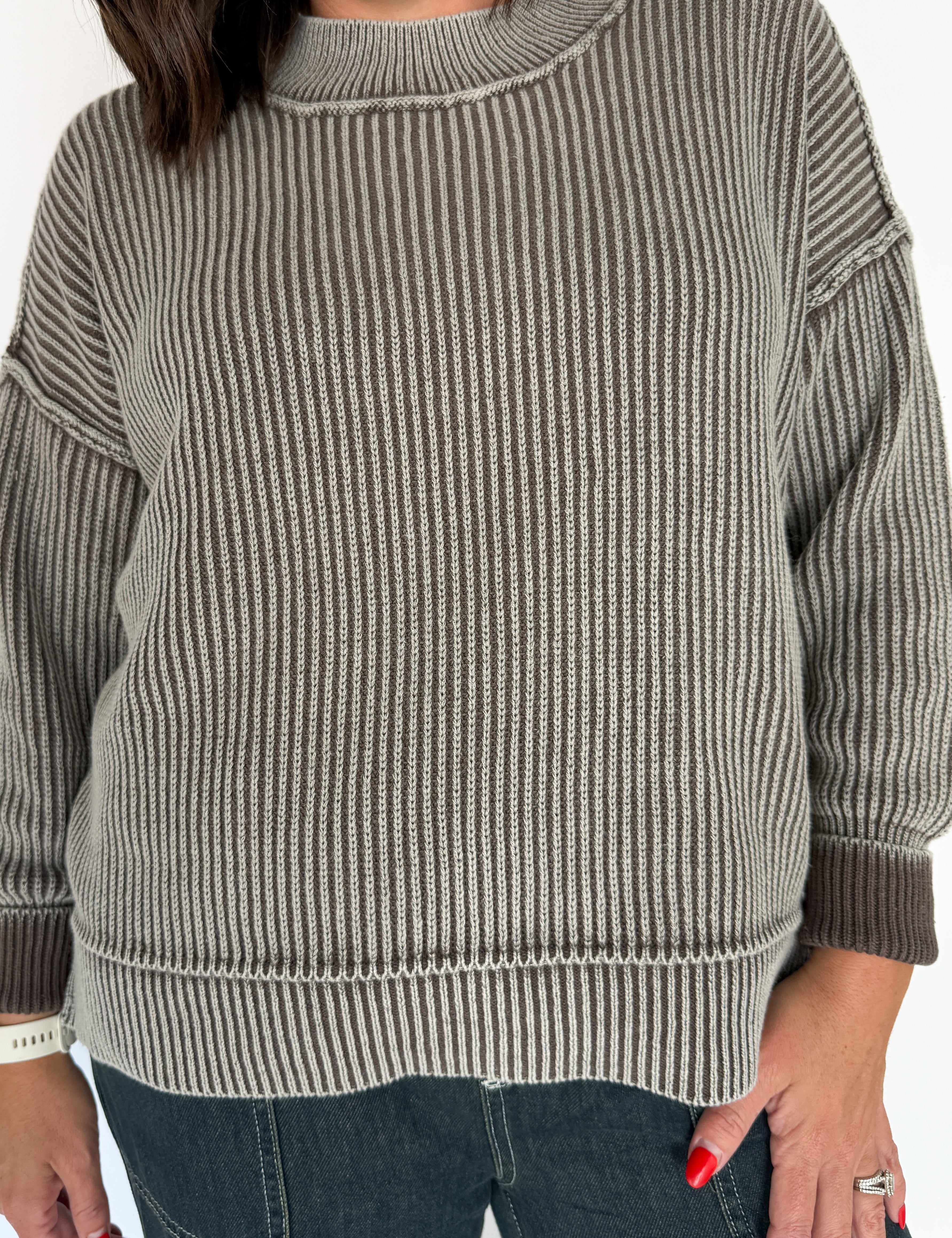 Washed Side Slit Sweater-Mocha - Ana Patricia Boutique
