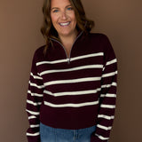 Half Zip Collared Stripe Sweater- DK Cherry