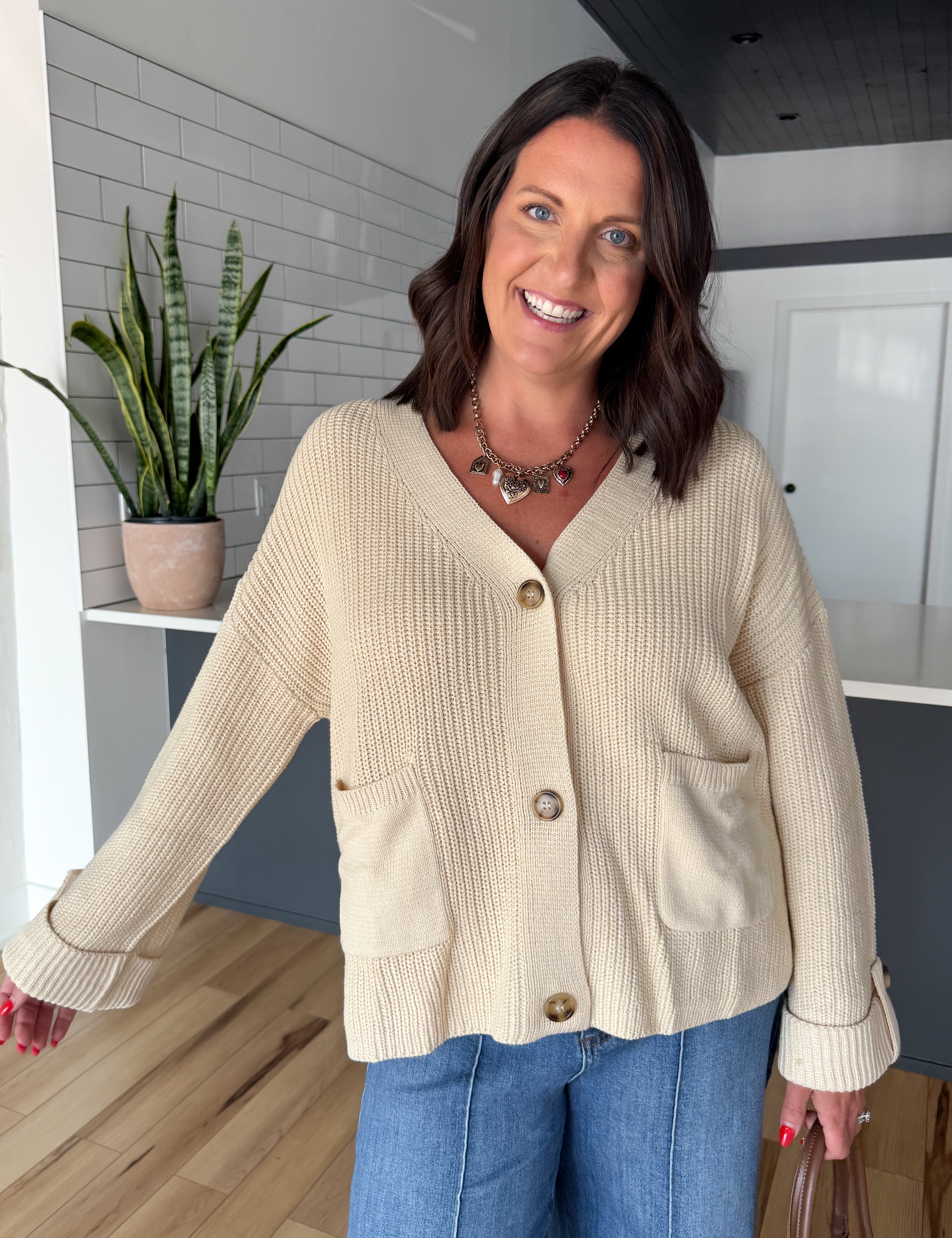 Oversized V Neck Cardigan- Cream - Ana Patricia Boutique