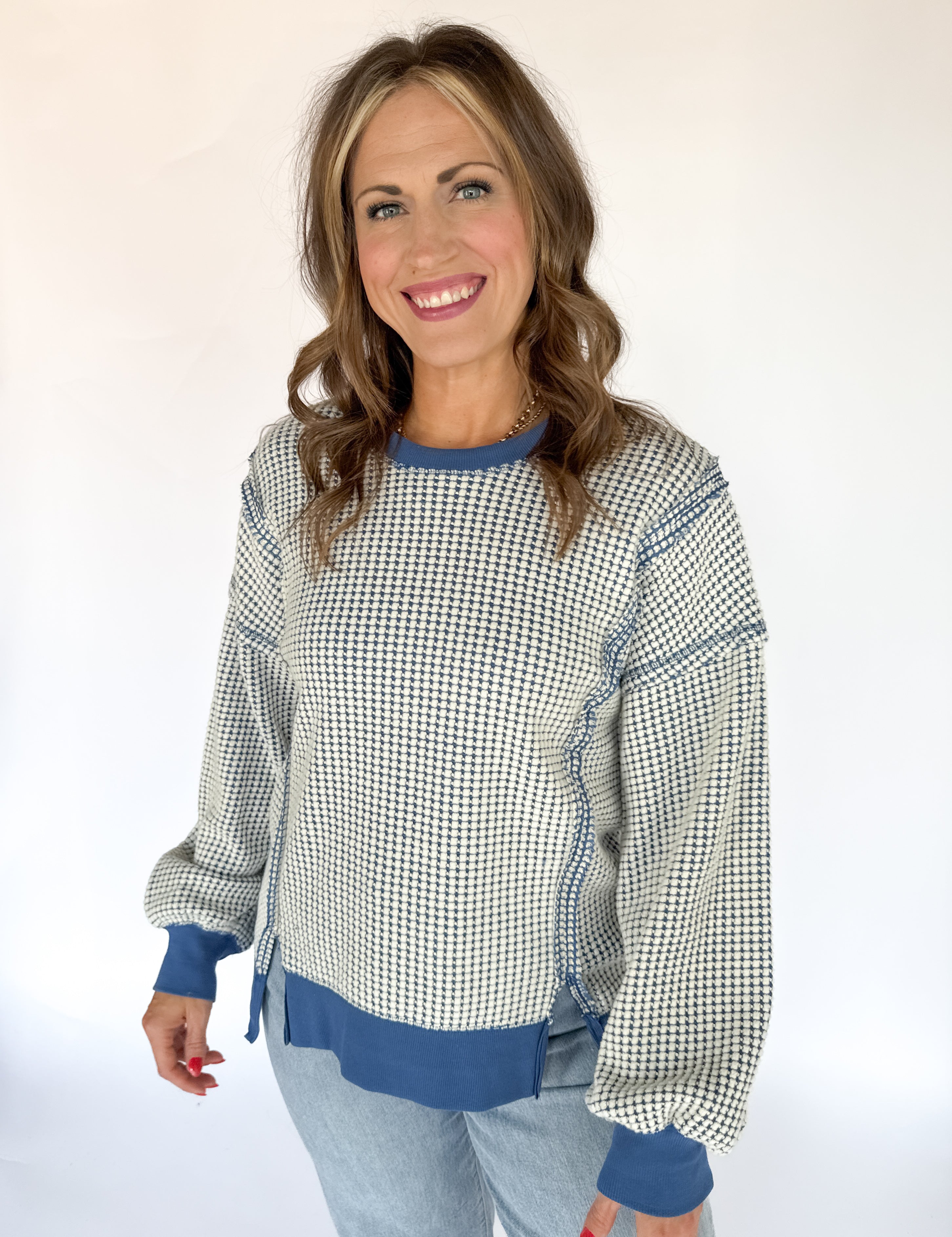 Oversized Waffleknit Pullover- Navy - Ana Patricia Boutique