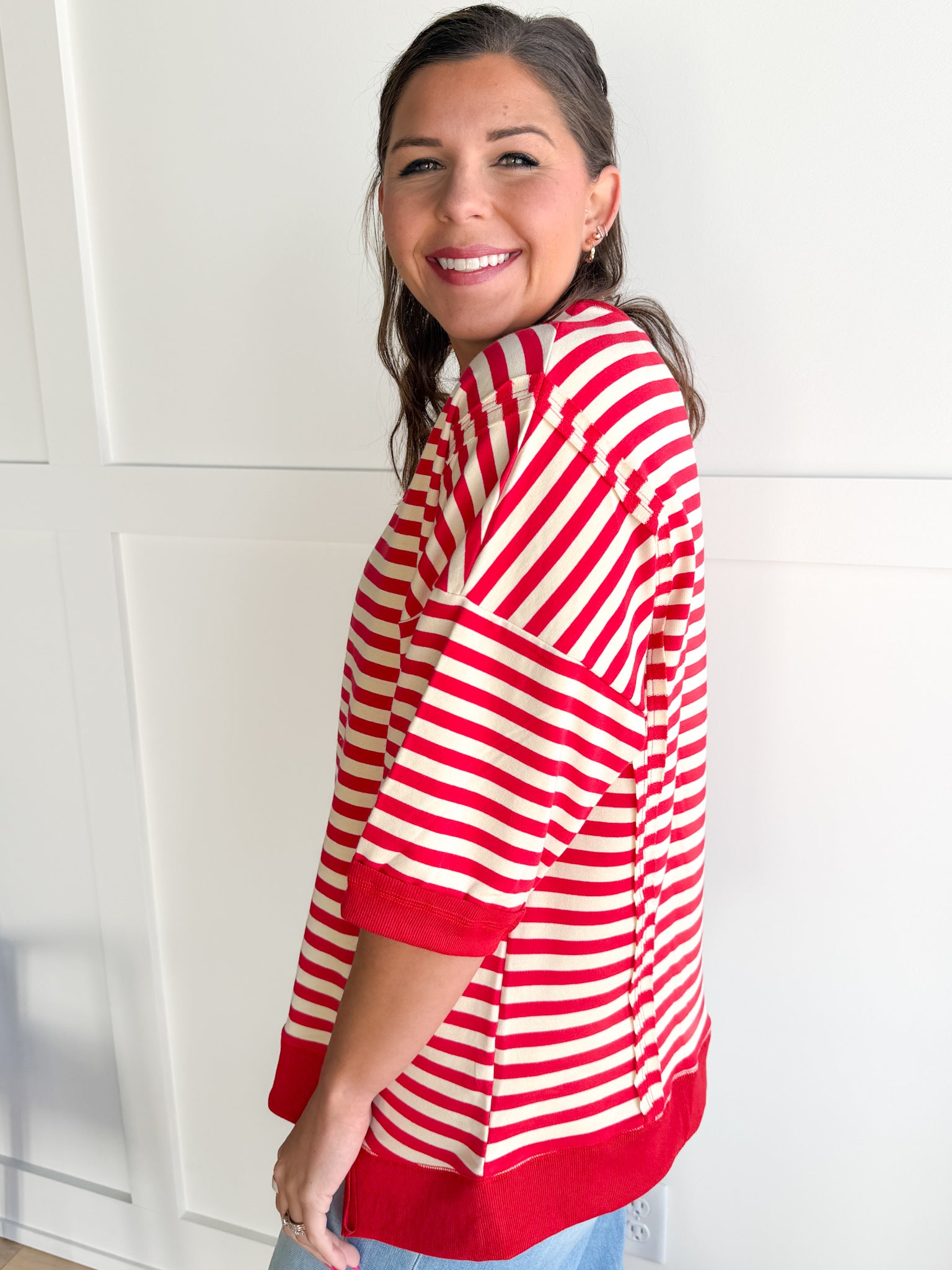 Striped Side Slit Top- Red/Cream - Ana Patricia Boutique
