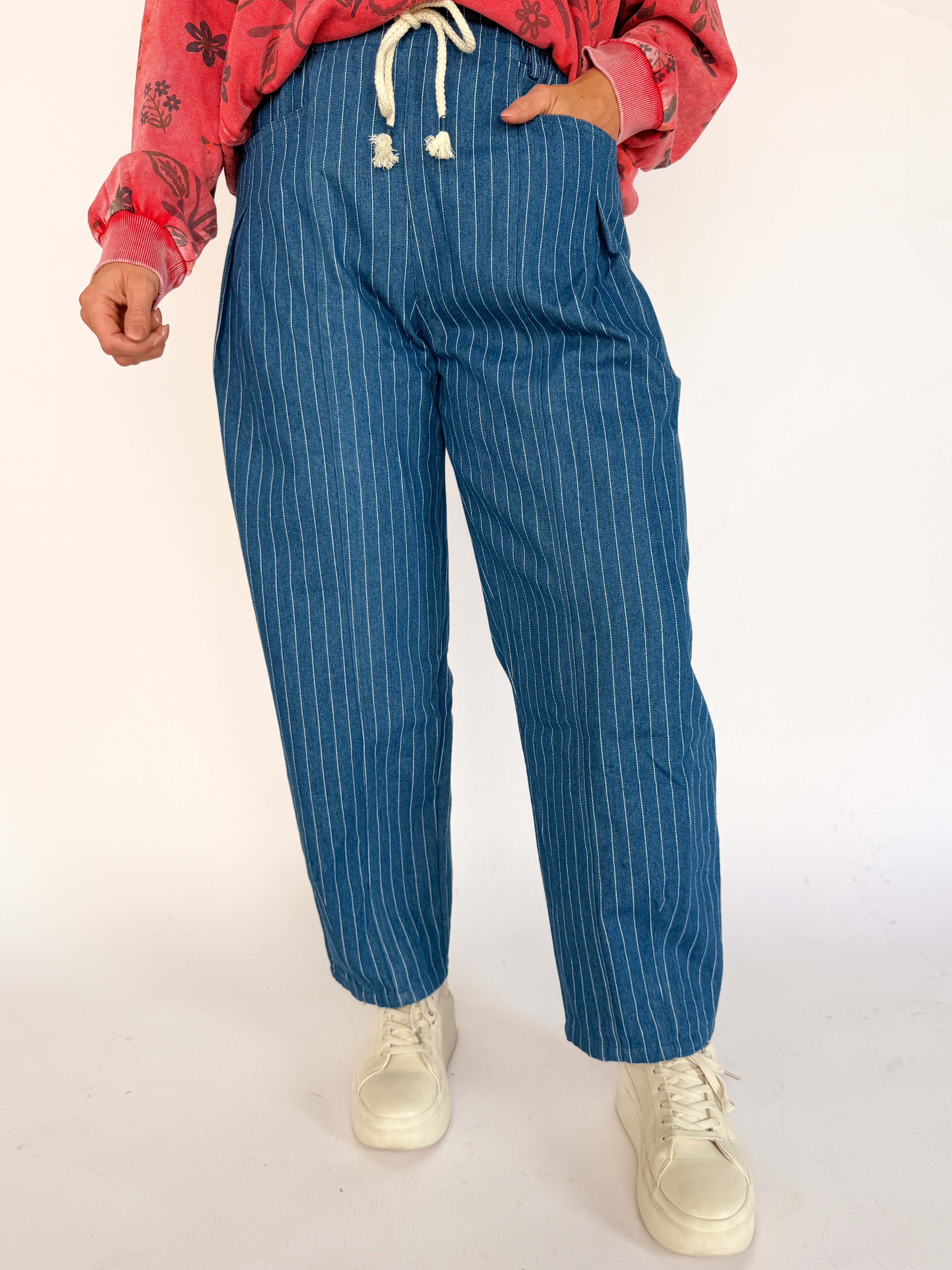 Pinstripe Barrel Jeans- Medium Wash - Ana Patricia Boutique