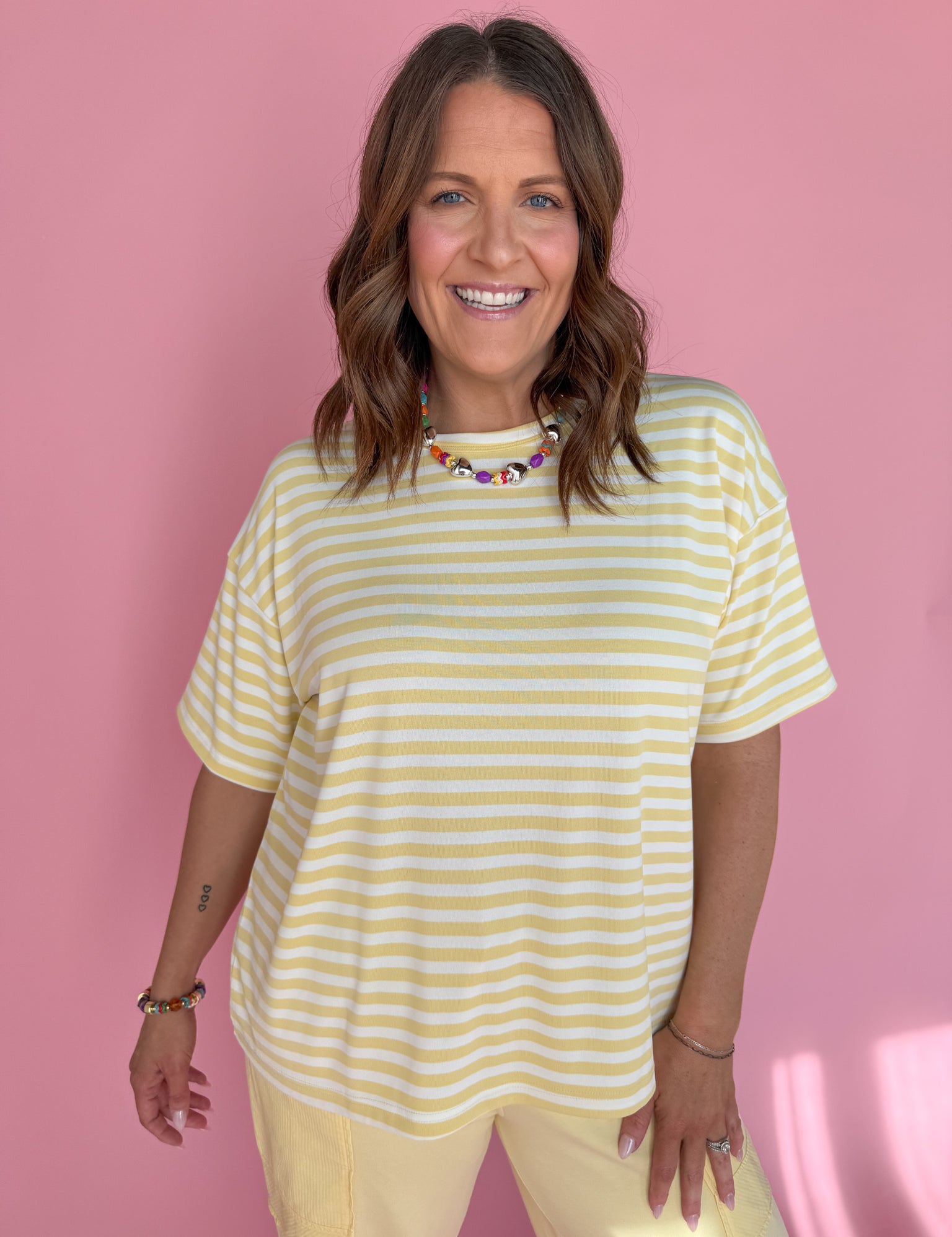 Oversized Stripe Tee- Yellow/White - Ana Patricia Boutique