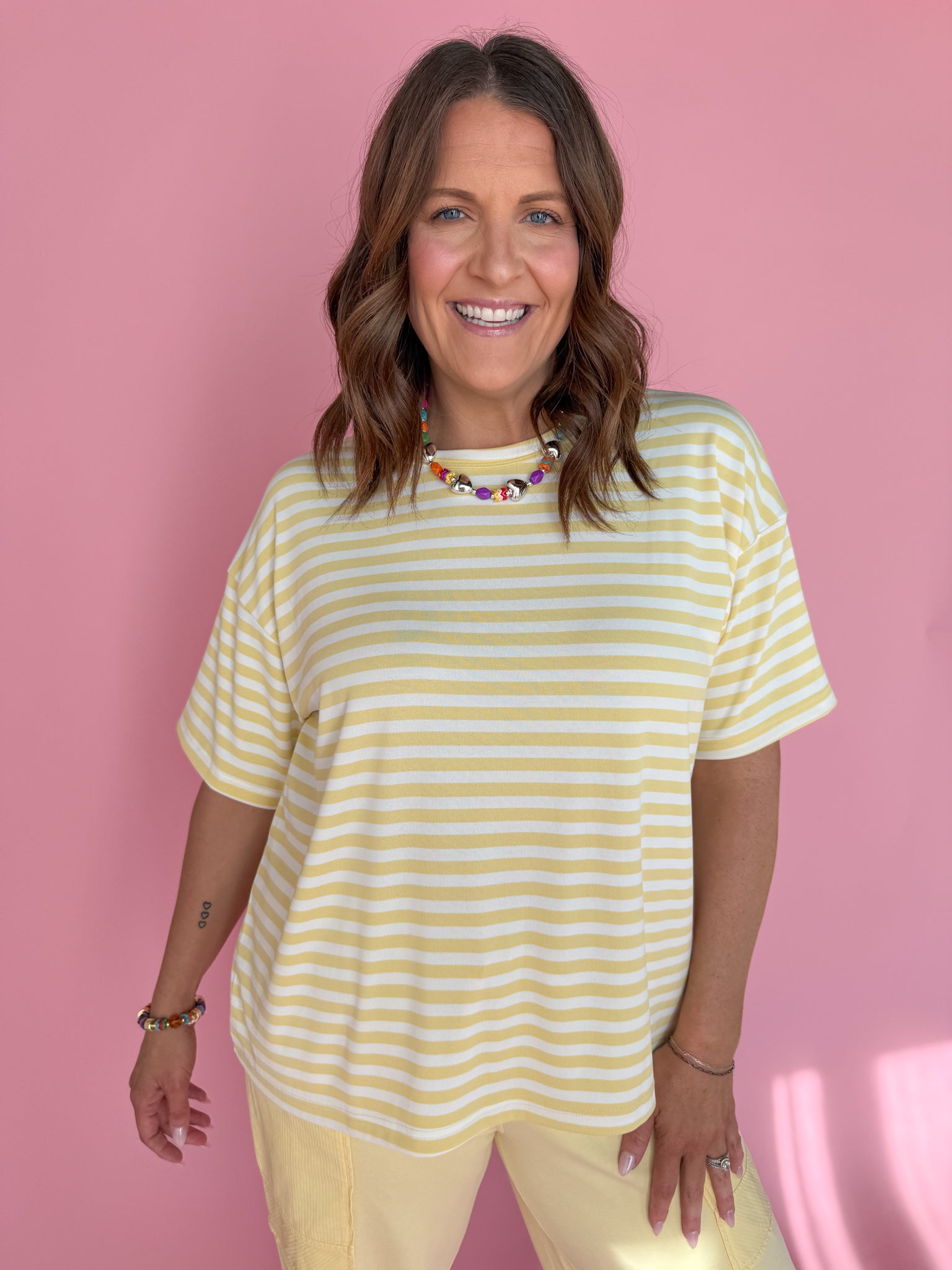 Oversized Stripe Tee- Yellow/White - Ana Patricia Boutique