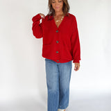 V Neck Waffleknit Cardigan- Red