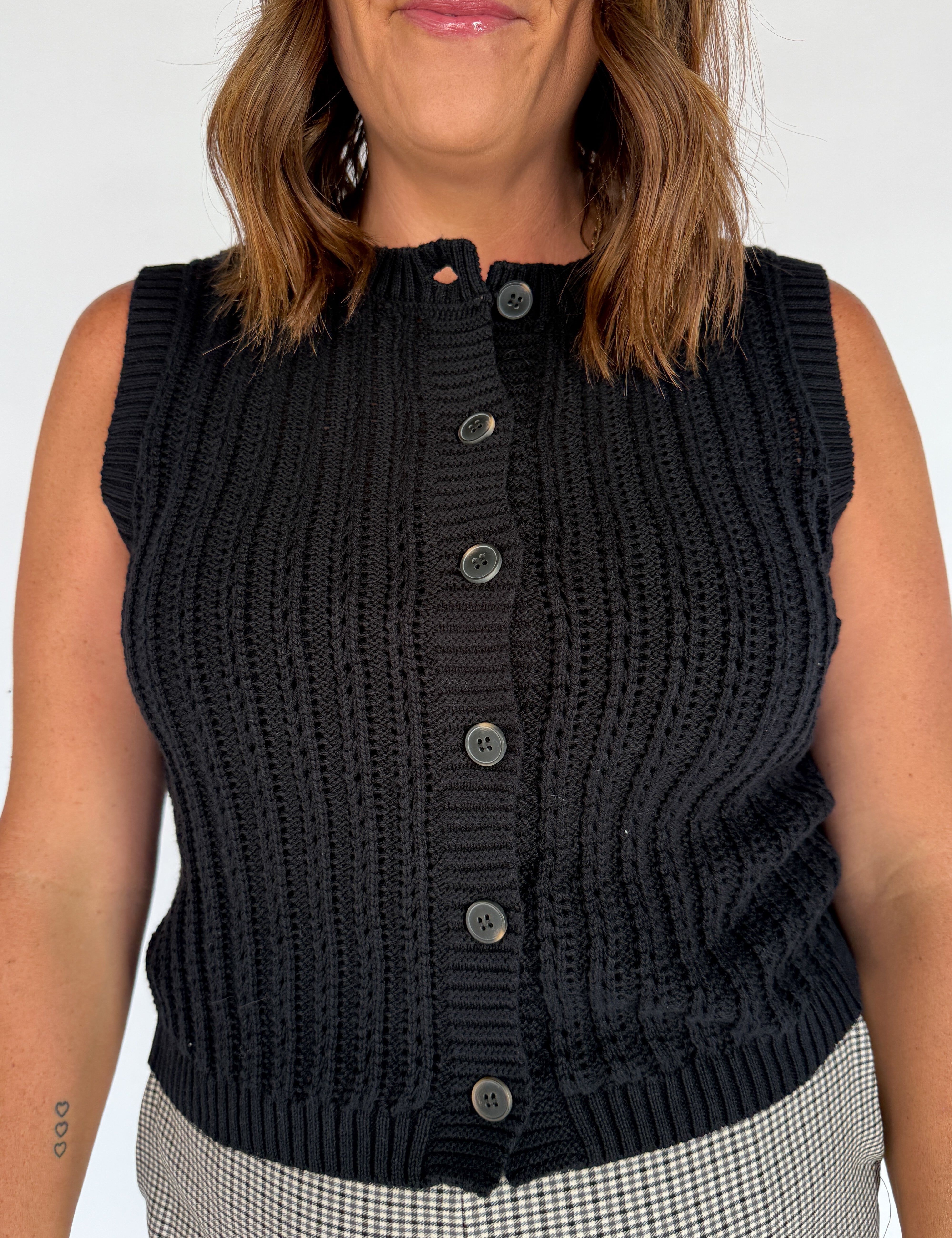 Crewneck Button Down Sweater Top- Black - Ana Patricia Boutique
