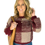 Plaid Crewneck Sweater- Burgundy