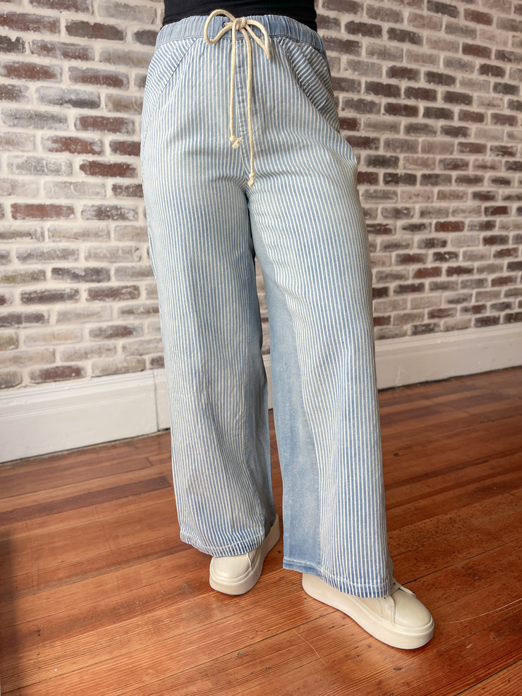 Striped Pull On Denim Pants