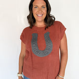 Horseshoe Ribbed Sweater- Rust