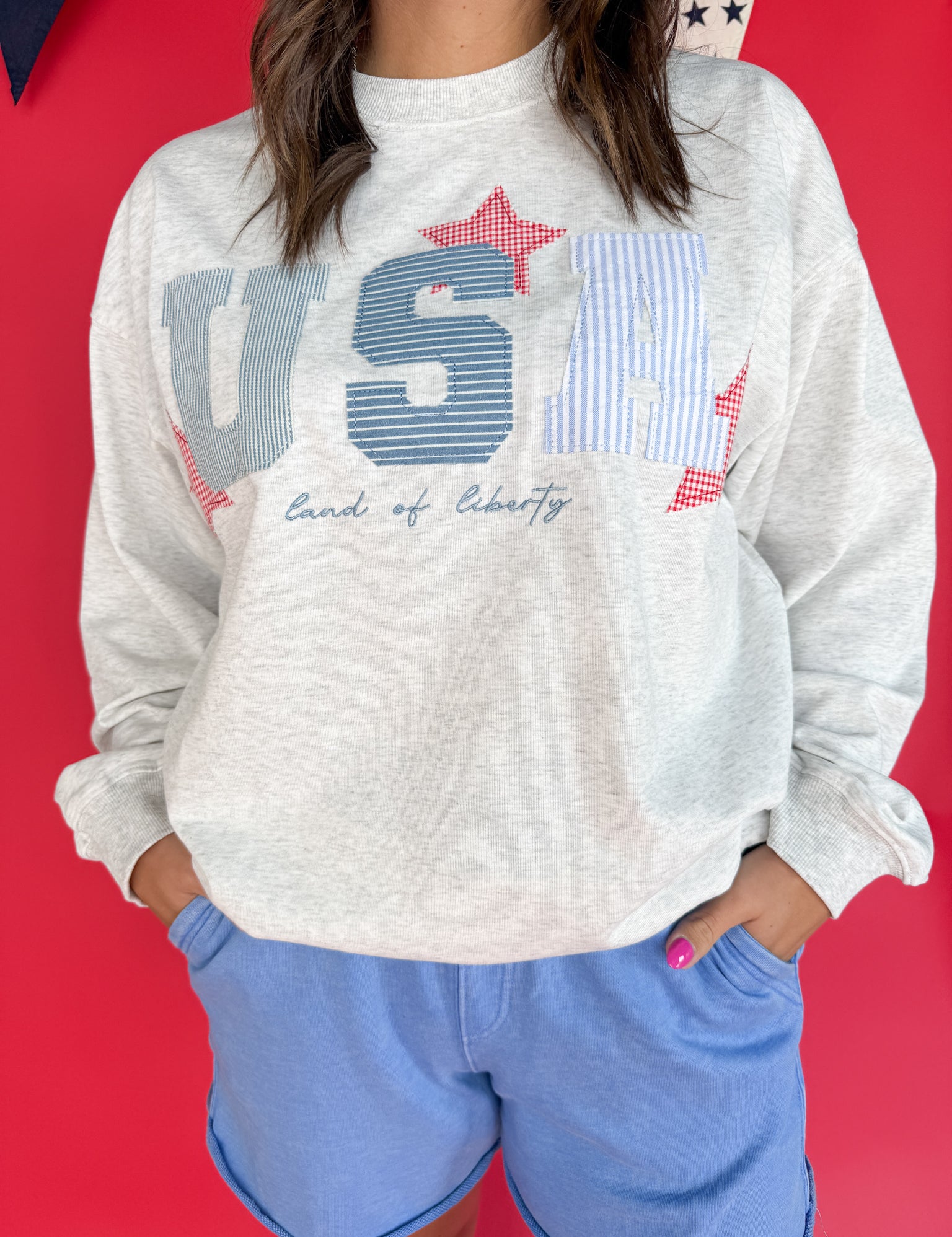 USA Patchwork Crewneck- Grey - Ana Patricia Boutique