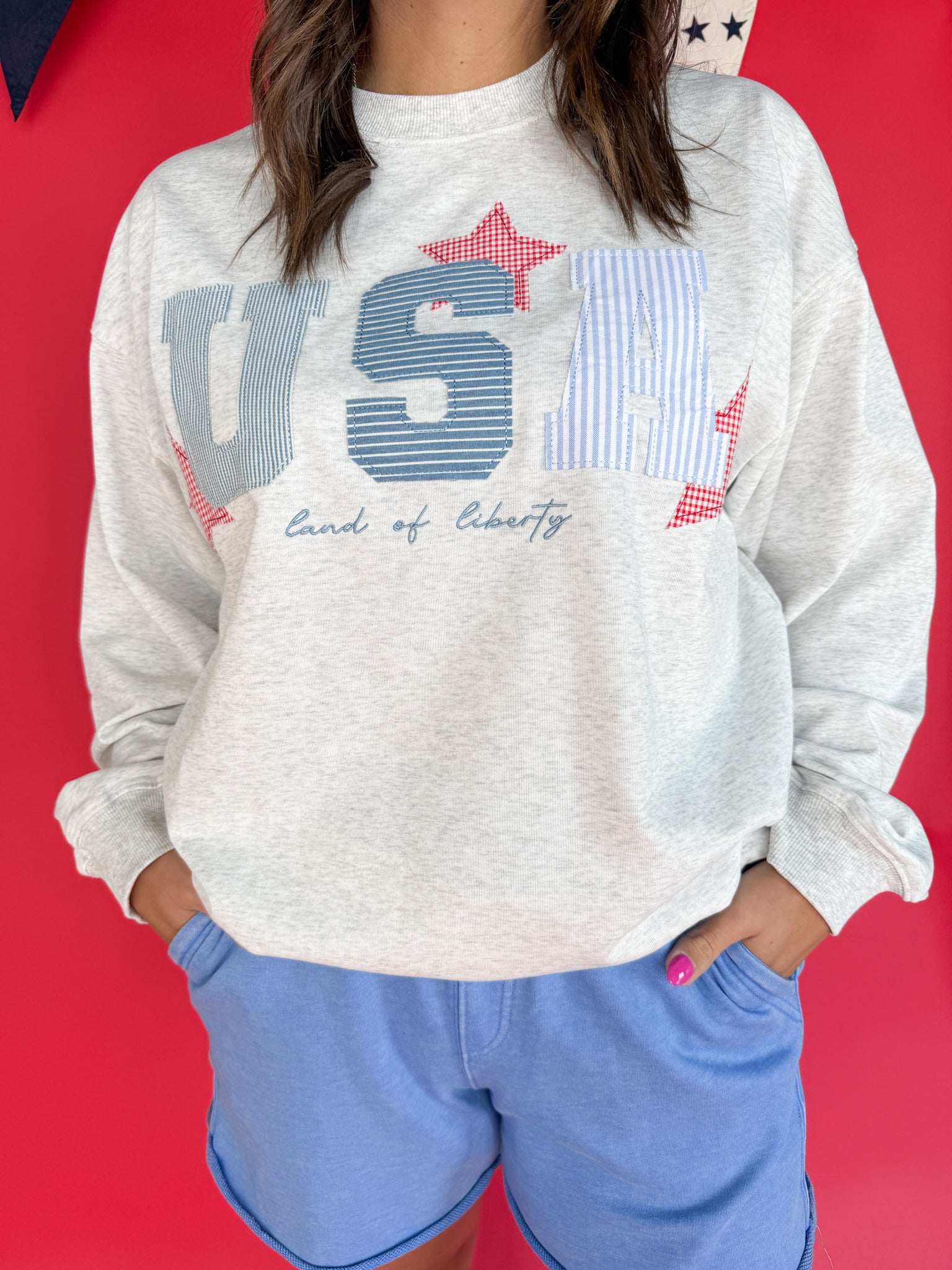 USA Patchwork Crewneck- Grey - Ana Patricia Boutique