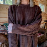 Round Neck Waffleknit Sweater- Brown