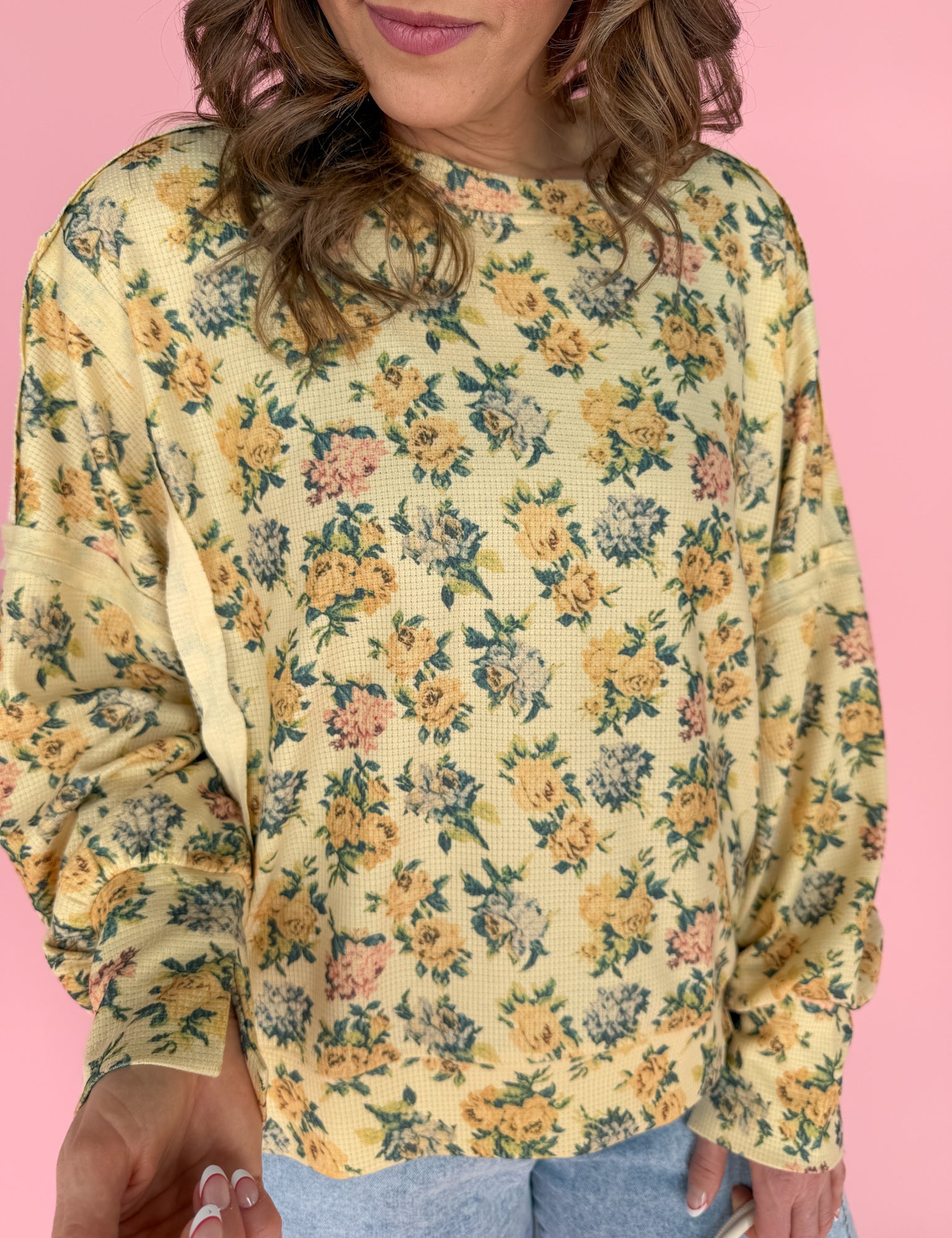 Floral Waffle Knit Top- Yellow - Ana Patricia Boutique