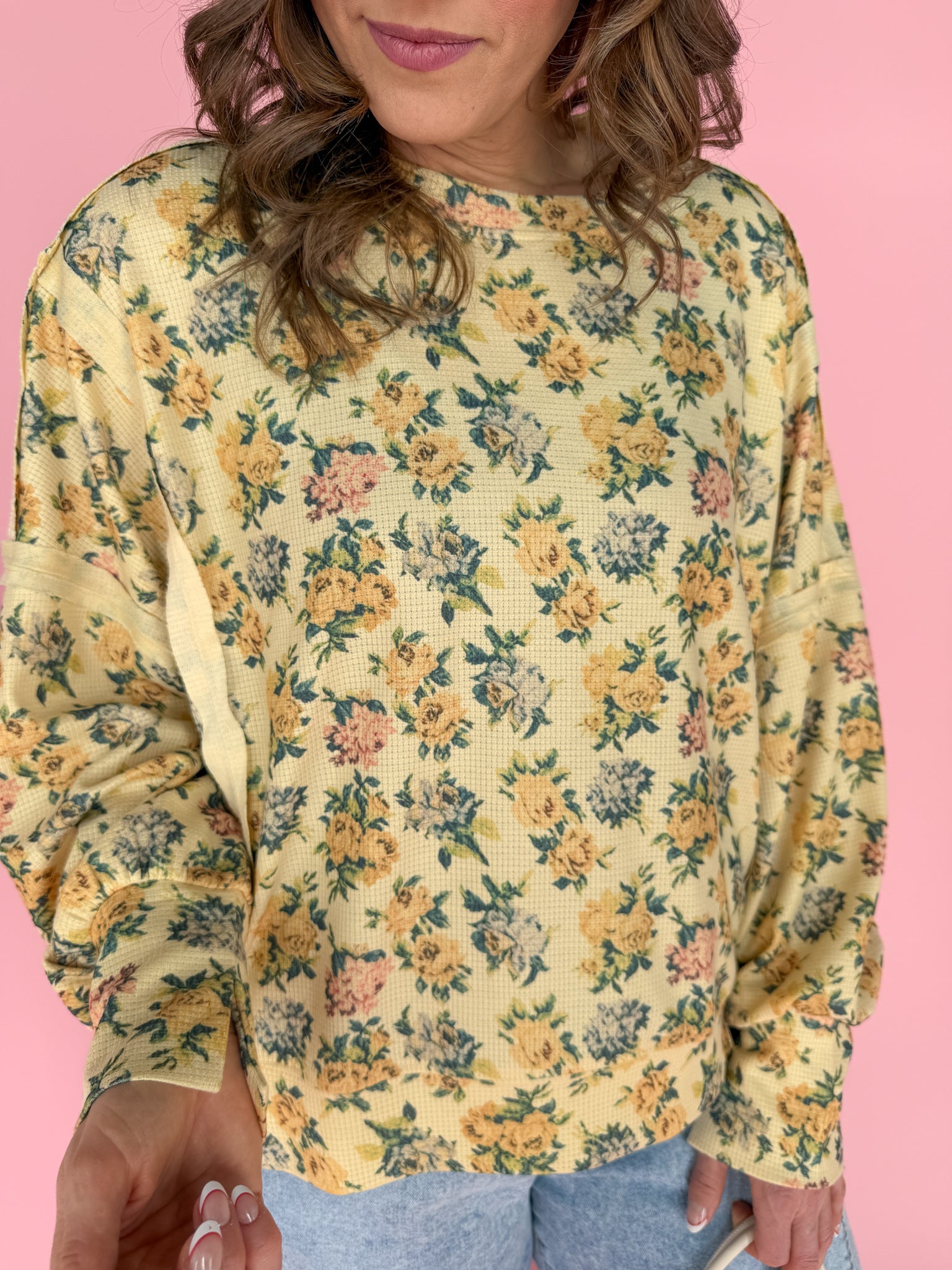 Floral Waffle Knit Top- Yellow - Ana Patricia Boutique