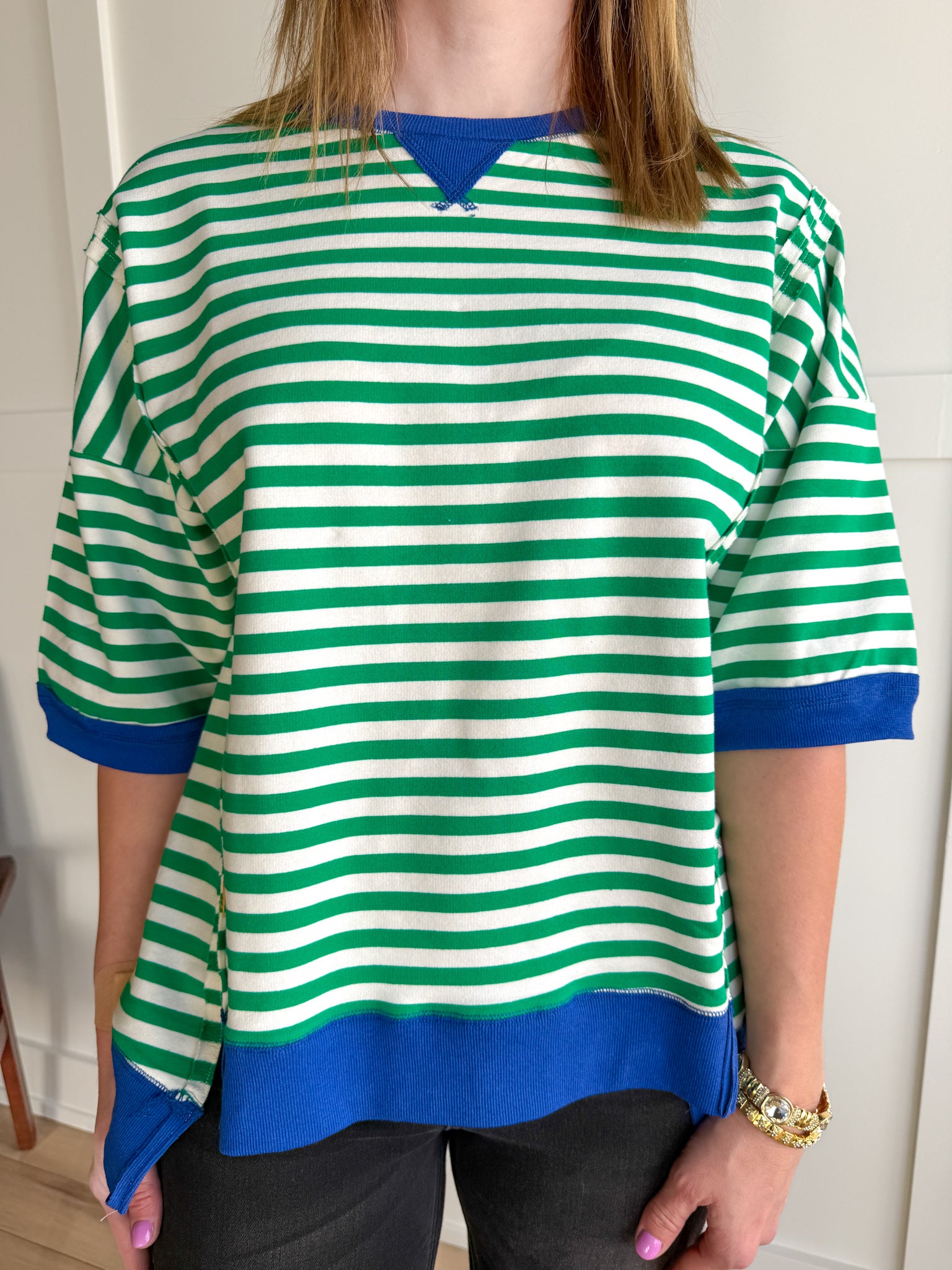 Striped Side Slit Top- Green/Cream - Ana Patricia Boutique