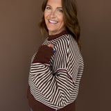 Contrast Trim Stripe Knit Sweater-Brown